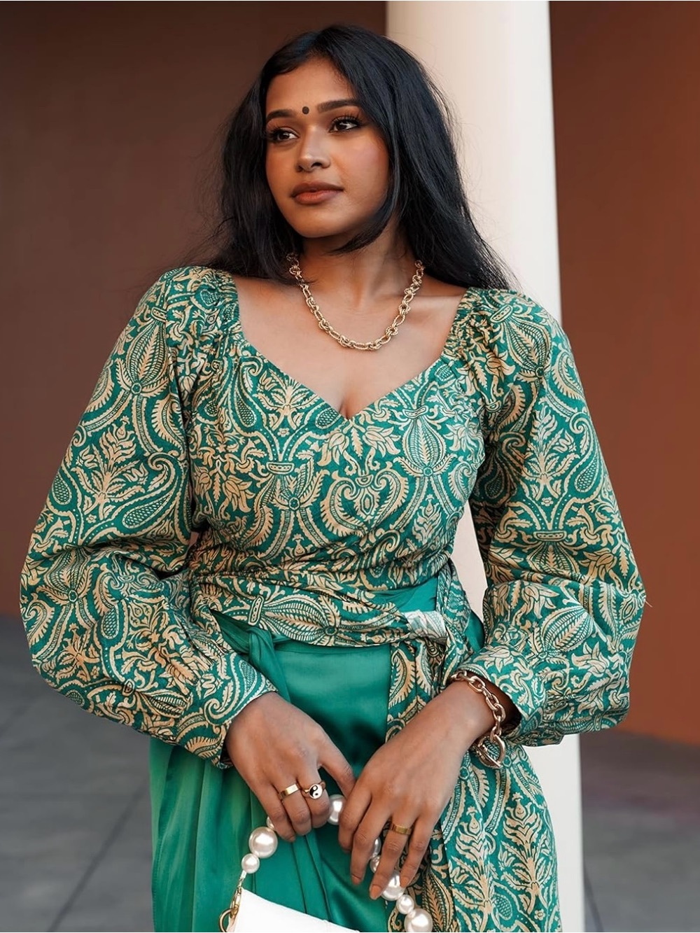 Women’s Green Printed Long Sleeve V-Neck Top